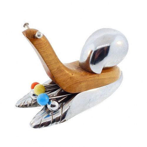 French Mid-Century Modernist Chrome & Wood Snail Cocktail Pick Set