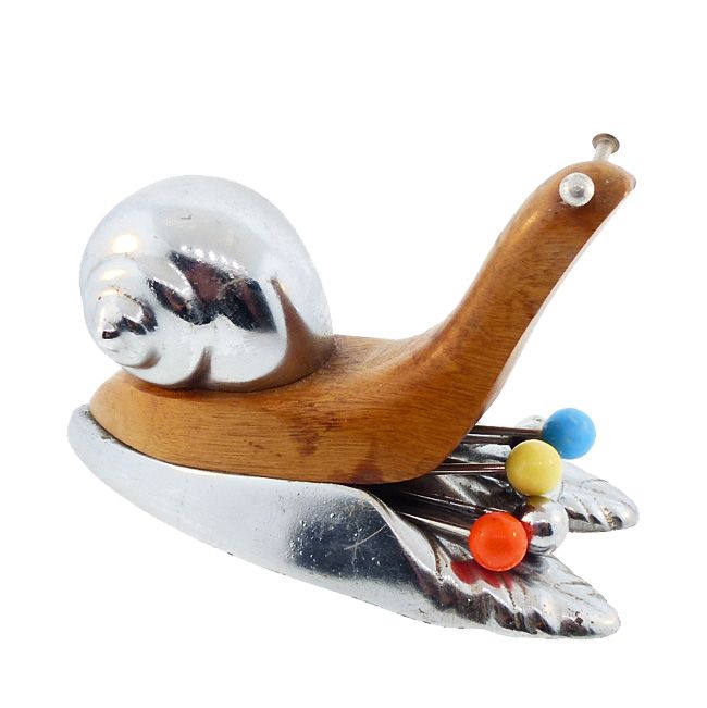 French Mid-Century Modernist Chrome &amp; Wood Snail Cocktail Pick Set