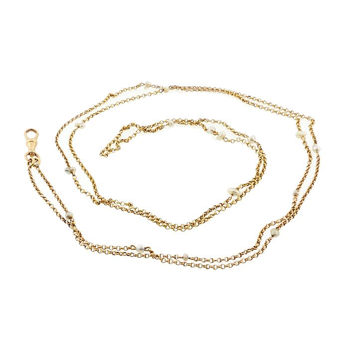 18K Gold &amp; Baroque Pearl Long Chain Necklace With Bulldog Swivel Clip