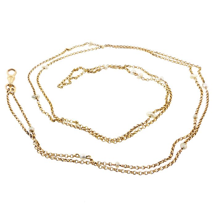 18K Gold &amp; Baroque Pearl Long Chain Necklace With Bulldog Swivel Clip