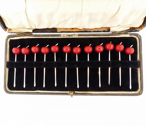 Art Deco Sterling Silver & Red Bakelite Cherry Cocktail Picks Box Set