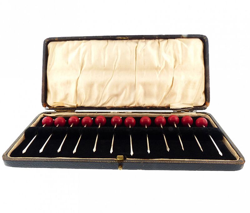 Art Deco Sterling Silver &amp; Red Bakelite Cherry Cocktail Picks Box Set