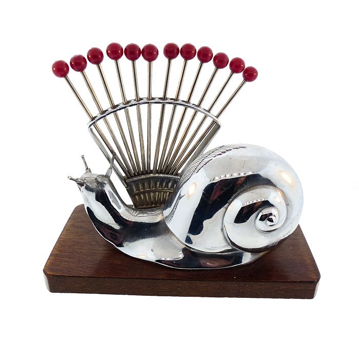French Art Deco Chrome &amp; Bakelite Snail Cocktail Pick Set--B Rabier