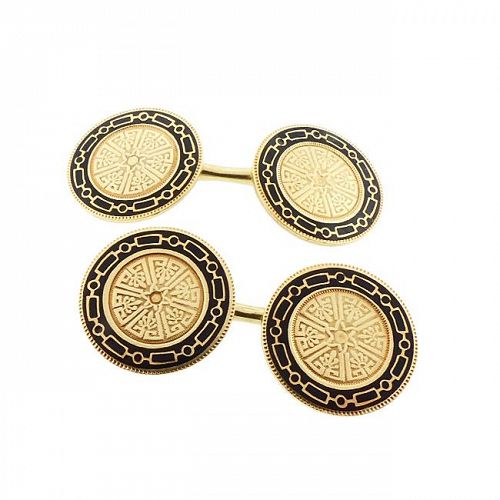 Edwardian 14K Gold & Black Champleve Enamel Cufflinks