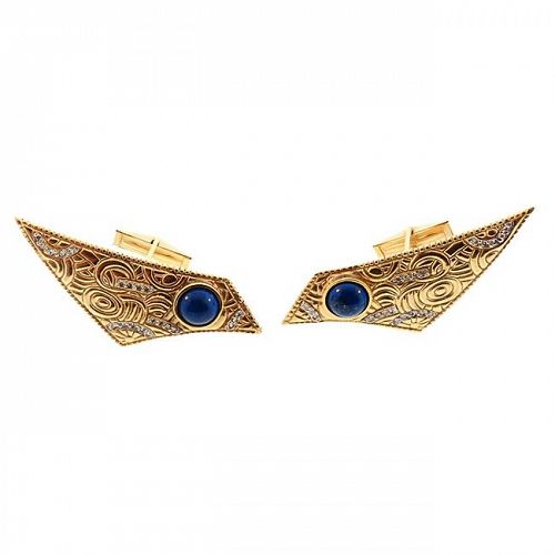 Art Deco Erte 14K Gold, Diamond & Lapis LA DENTELLE Cufflinks