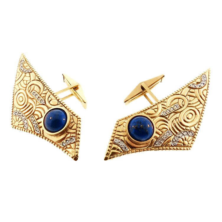 Art Deco Erte 14K Gold, Diamond &amp; Lapis LA DENTELLE Cufflinks