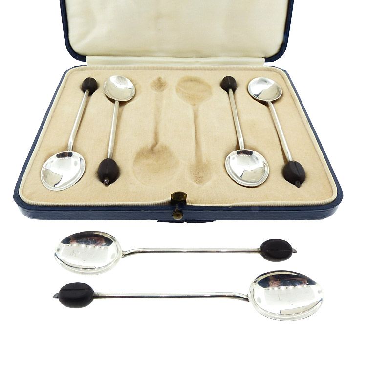 Asprey Art Deco Sterling Silver Coffee Bean Demitasse Spoons