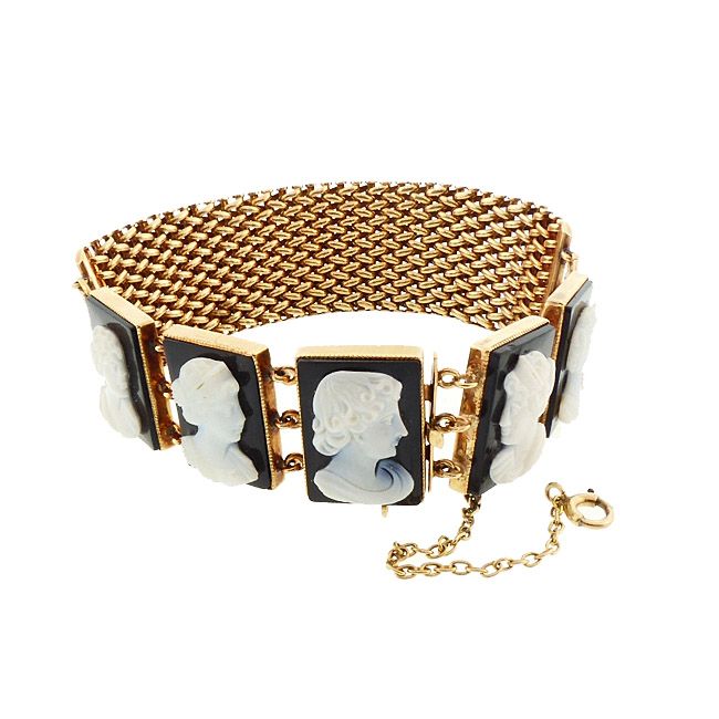 Victorian 14K Gold Mesh Onyx Cameo Youth & Maidens Bracelet