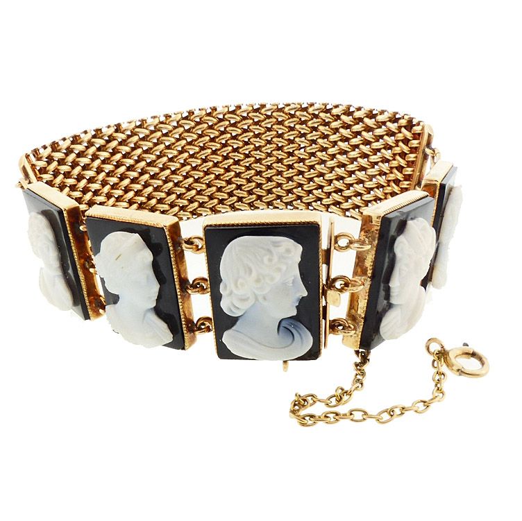 Victorian 14K Gold Mesh Onyx Cameo Youth &amp; Maidens Bracelet