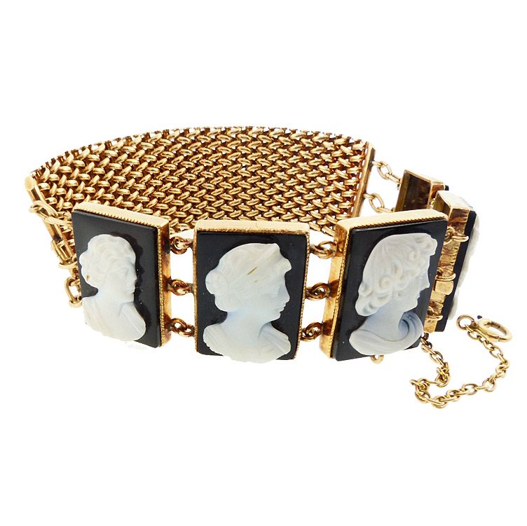 Victorian 14K Gold Mesh Onyx Cameo Youth &amp; Maidens Bracelet