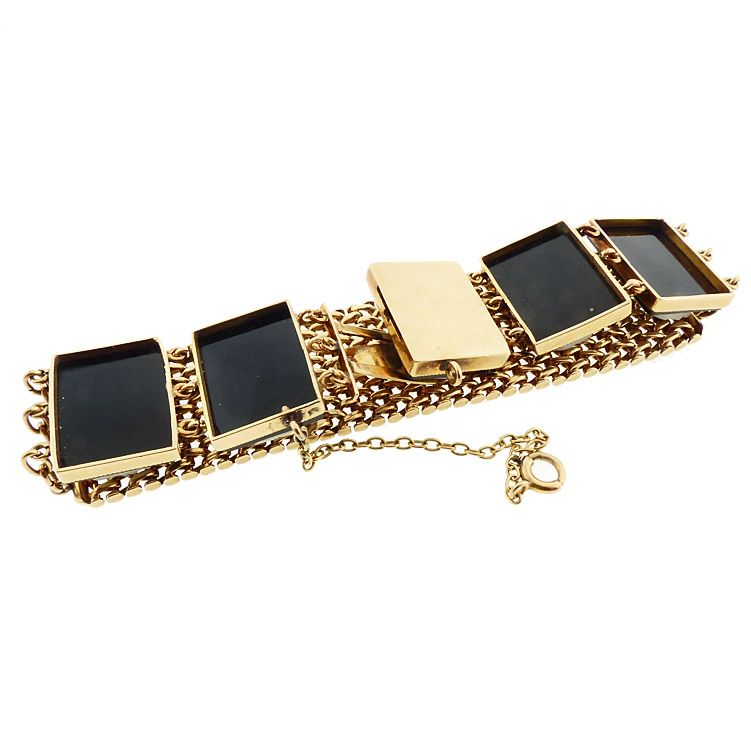 Victorian 14K Gold Mesh Onyx Cameo Youth &amp; Maidens Bracelet