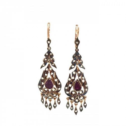 Georgian Style 12K Gold, Rose Cut Diamond & Rhodolite Garnet Earrings