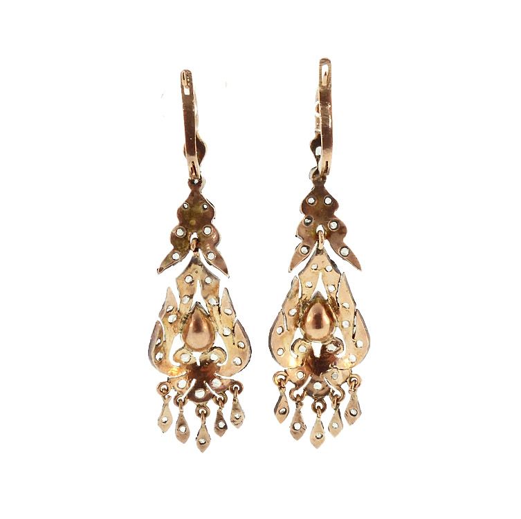 Georgian Style 12K Gold, Rose Cut Diamond &amp; Rhodolite Garnet Earrings