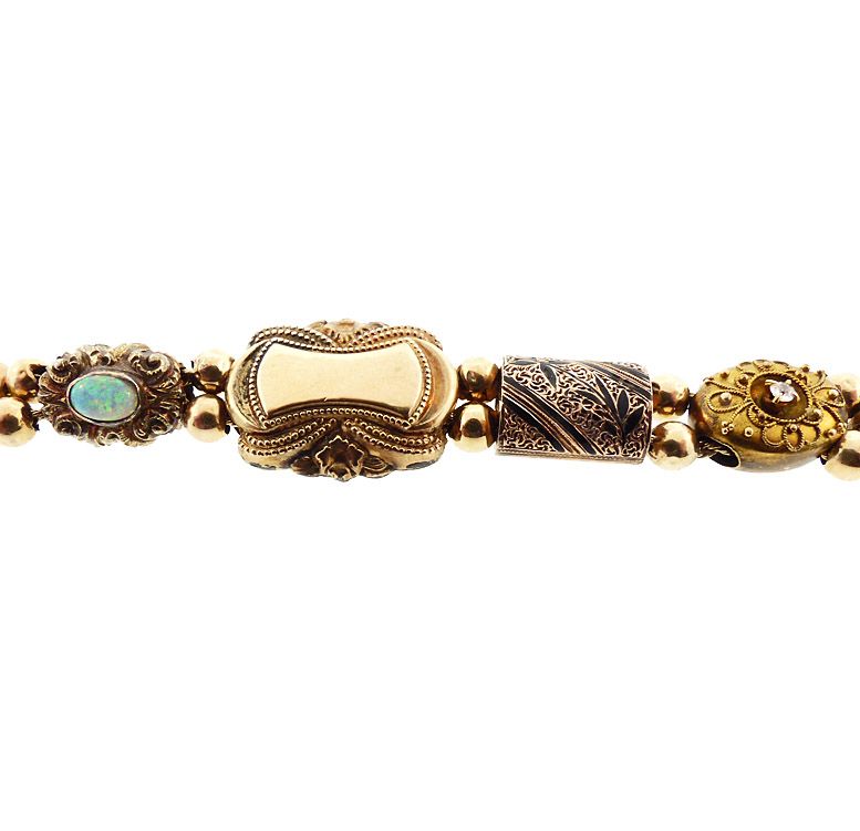 Victorian 10K &amp; 14K Gold Opal Diamond Pearl Turquoise Slide Bracelet