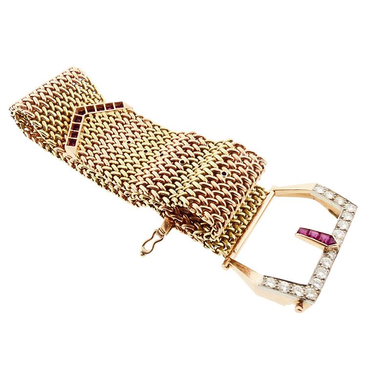 Retro 18K Gold Mesh, Ruby &amp; Diamond Buckle Bracelet