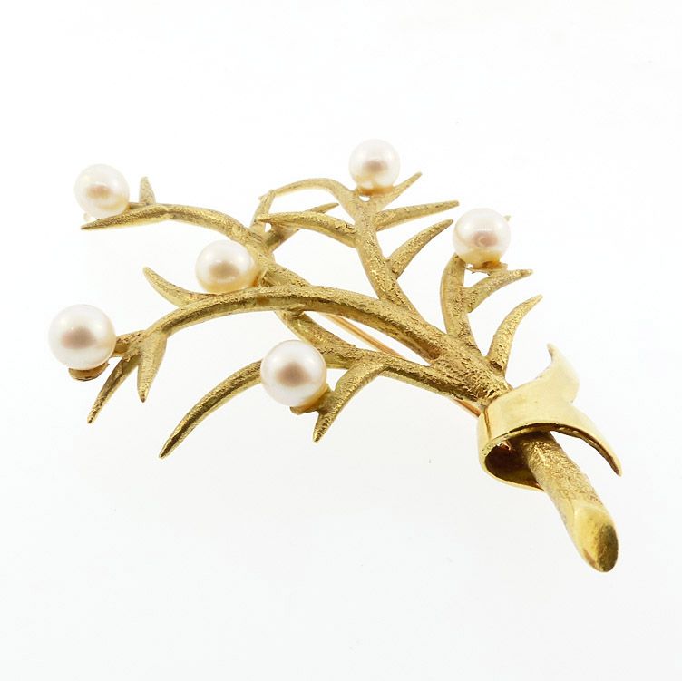 18K Gold &amp; Pearl Modernist Thorn Bouquet Pin