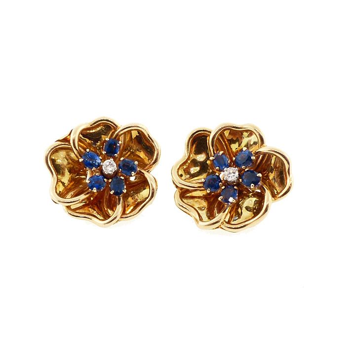 18K Gold, Diamond &amp; Sapphire Flower Earrings