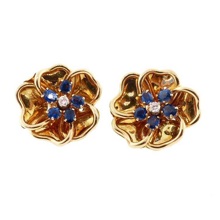 18K Gold, Diamond &amp; Sapphire Flower Earrings