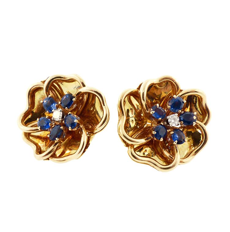 18K Gold, Diamond &amp; Sapphire Flower Earrings