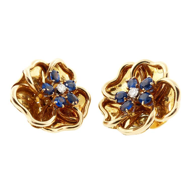 18K Gold, Diamond &amp; Sapphire Flower Earrings