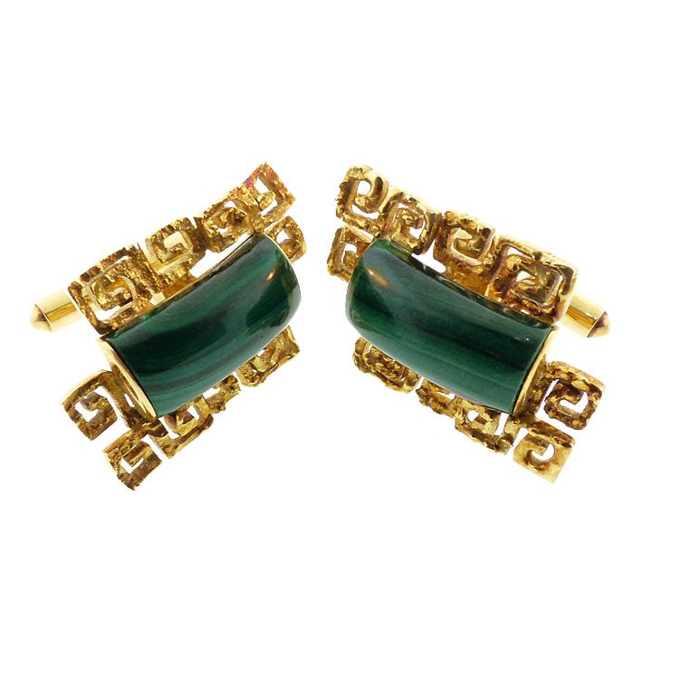 Mid-Century Modern 14K Gold &amp; Malachite Cufflinks