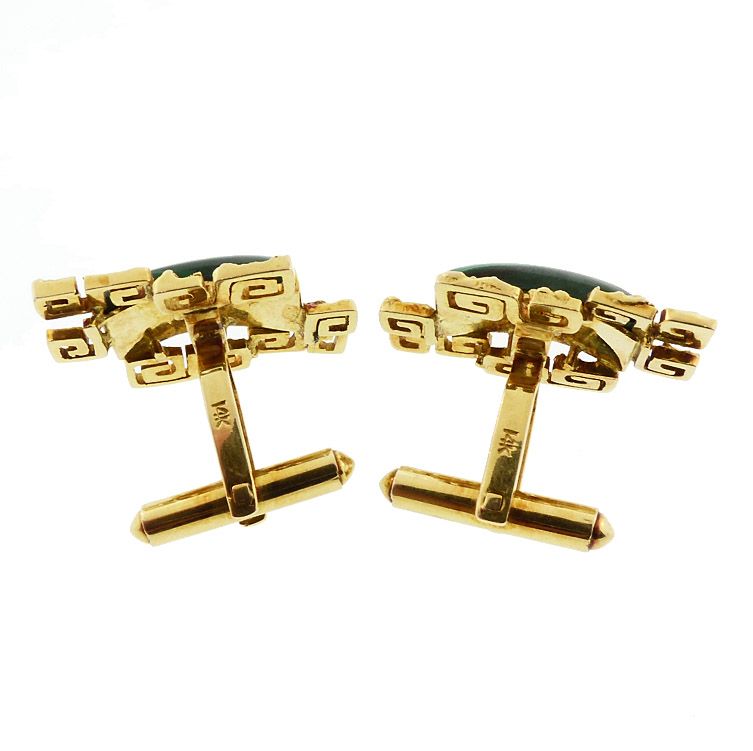 Mid-Century Modern 14K Gold &amp; Malachite Cufflinks