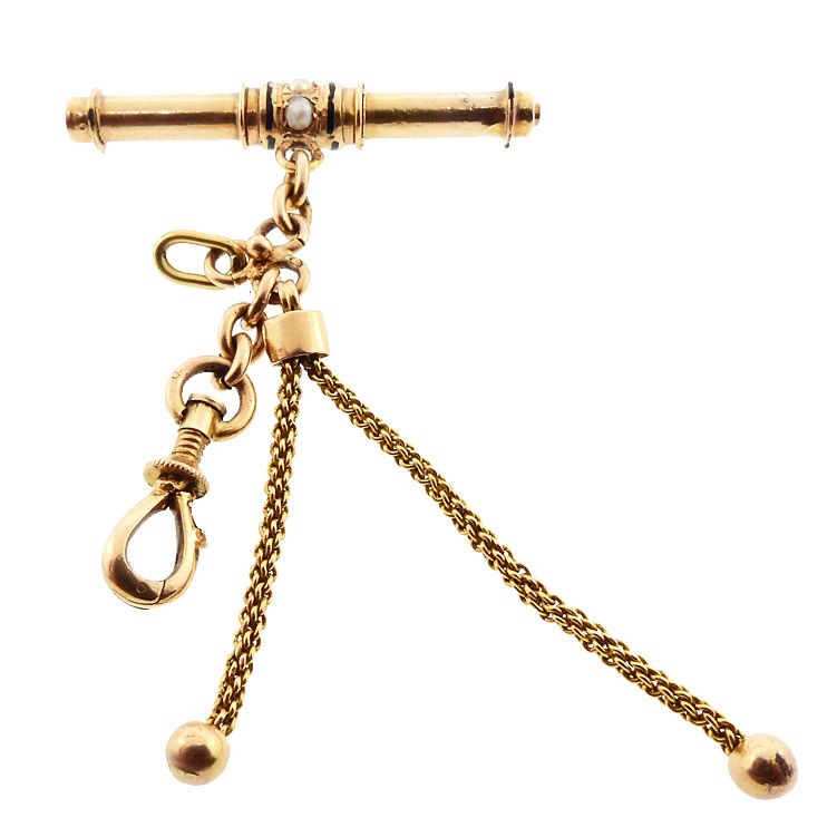 Victorian 18K Gold Pearl &amp; Enamel Watch Key &amp; Fob Pendant