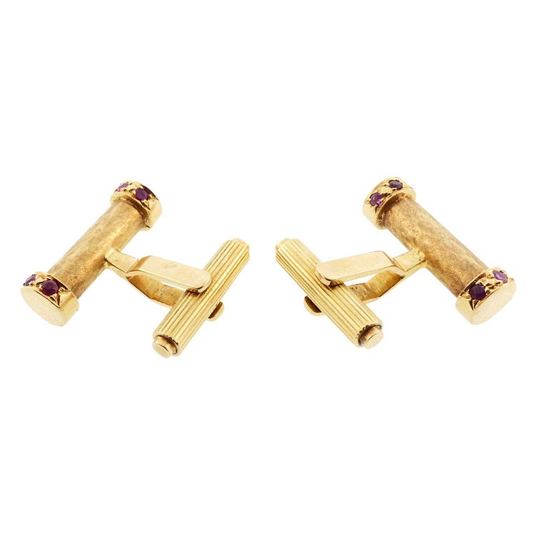 Vintage 18K Yellow Gold &amp; Ruby Baton Cufflinks