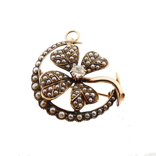 Victorian Gold Seed Pearl Diamond Clover & Crescent Honeymoon Pendant