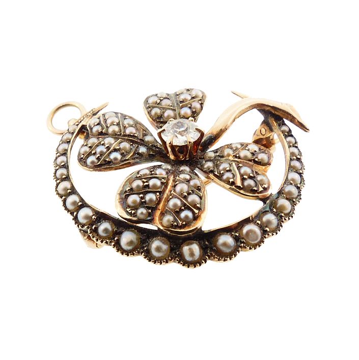 Victorian Gold Seed Pearl Diamond Clover &amp; Crescent Honeymoon Pendant