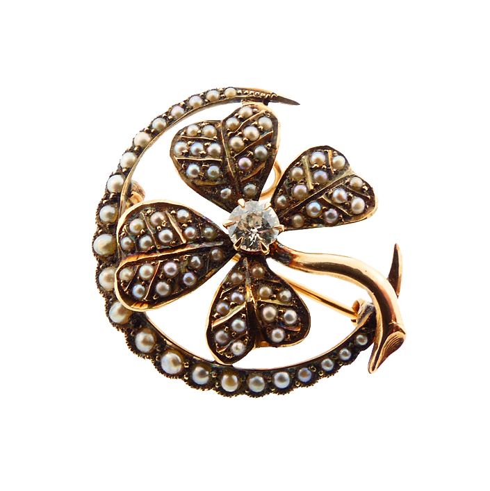 Victorian Gold Seed Pearl Diamond Clover &amp; Crescent Honeymoon Pendant