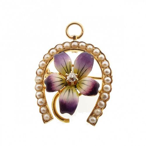 Art Nouveau 14K Gold Enamel Diamond Pearl Violet & Horseshoe Pendant