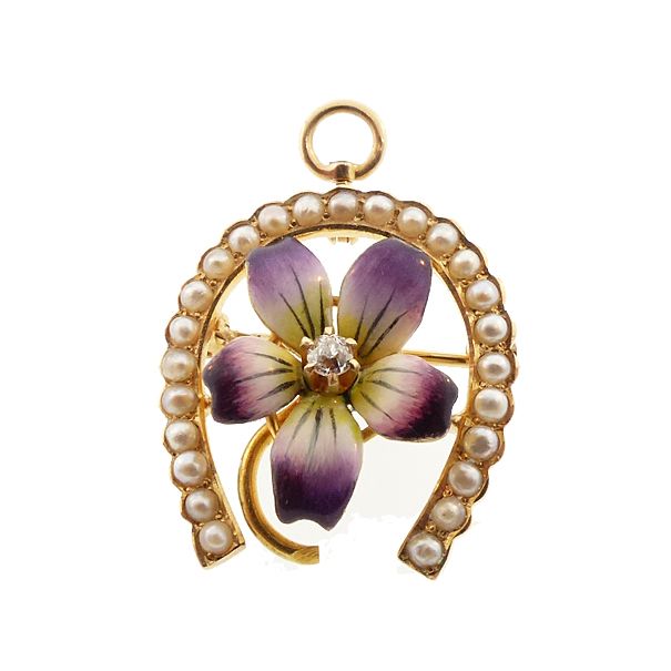 Art Nouveau 14K Gold Enamel Diamond Pearl Violet & Horseshoe Pendant