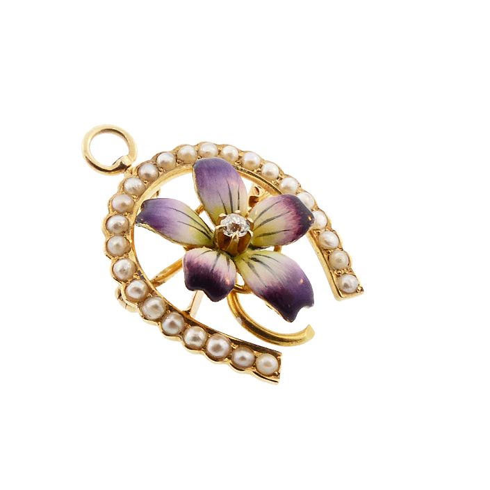 Art Nouveau 14K Gold Enamel Diamond Pearl Violet &amp; Horseshoe Pendant