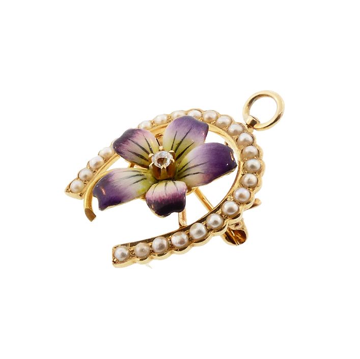 Art Nouveau 14K Gold Enamel Diamond Pearl Violet &amp; Horseshoe Pendant