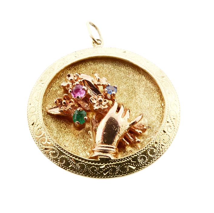 Victorian 18K Gold Ruby Emerald Sapphire Hand &amp; Bouquet Pendant Charm