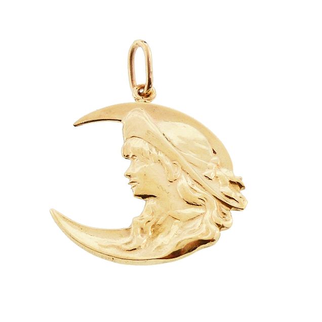 Art Nouveau 14K Gold Woman &amp; Crescent Moon Pendant