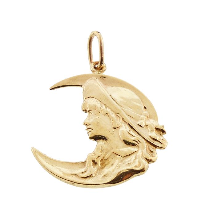 Art Nouveau 14K Gold Woman &amp; Crescent Moon Pendant