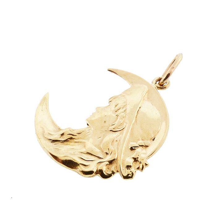 Art Nouveau 14K Gold Woman &amp; Crescent Moon Pendant