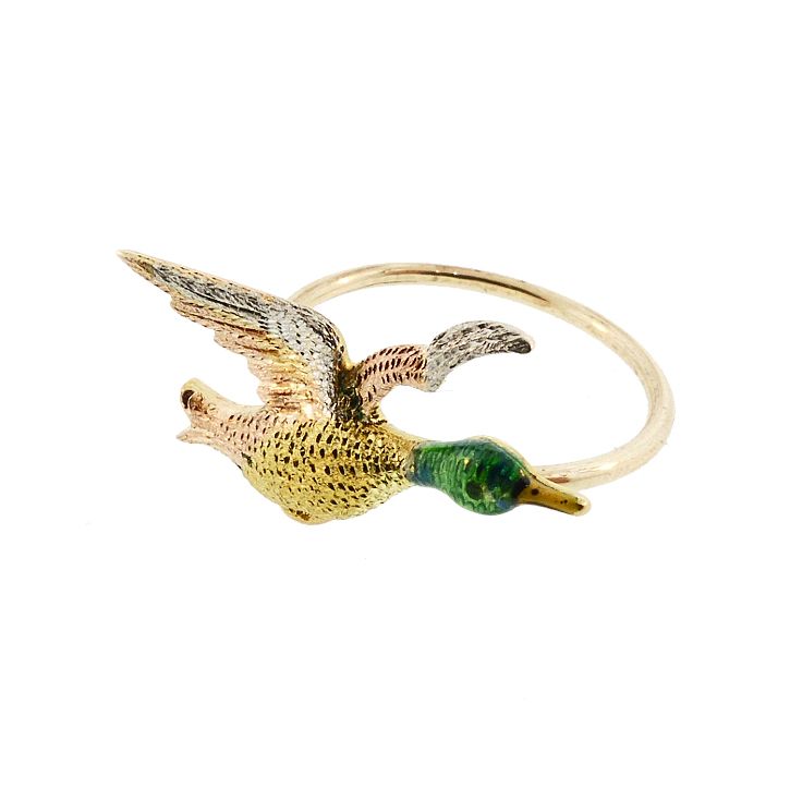 Multicolored 15K Gold, Platinum &amp; Enamel Mallard Duck Conversion Ring