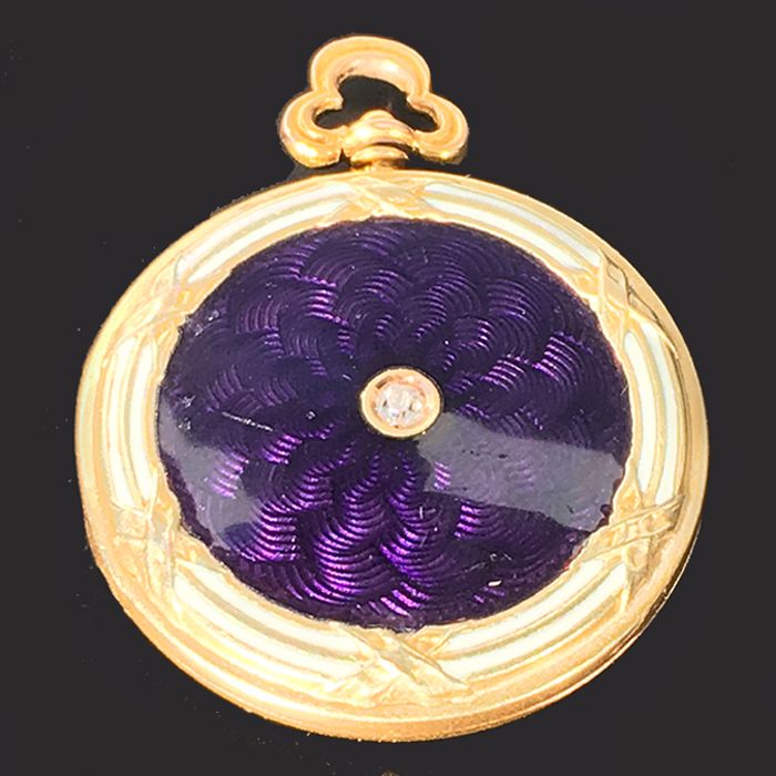 Edwardian 14K Gold Diamond &amp; Purple Guilloche Enamel Locket