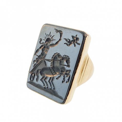 Georgian 15K Gold Hematite Intaglio Apollo & Cupid Ring