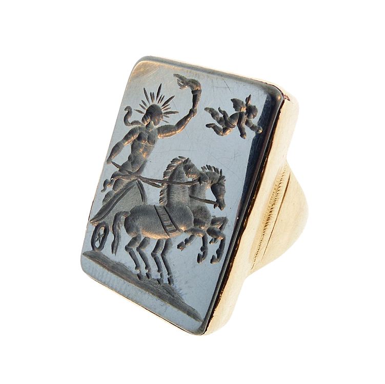 Georgian 15K Gold Hematite Intaglio Apollo &amp; Cupid Ring