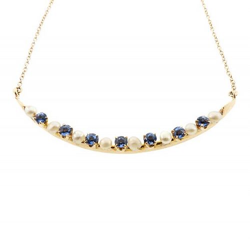 Sapphire & Pearl 14K Gold Cresent Moon Pendant Necklace