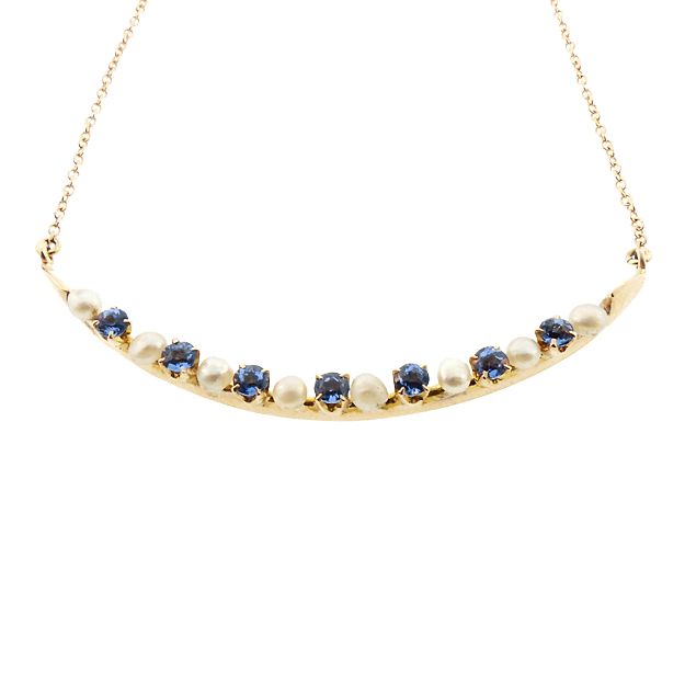 Sapphire & Pearl 14K Gold Cresent Moon Pendant Necklace