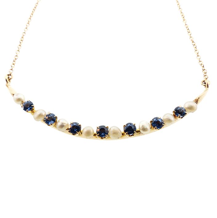Sapphire &amp; Pearl 14K Gold Cresent Moon Pendant Necklace