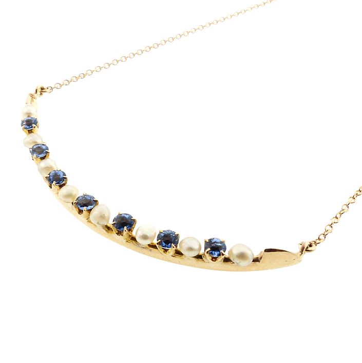 Sapphire &amp; Pearl 14K Gold Cresent Moon Pendant Necklace
