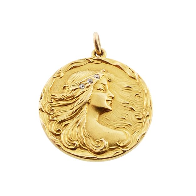 Art Nouveau 14K Gold & Old Mine Cut Diamond Lady Locket