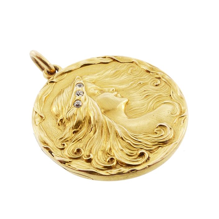 Art Nouveau 14K Gold &amp; Old Mine Cut Diamond Lady Locket