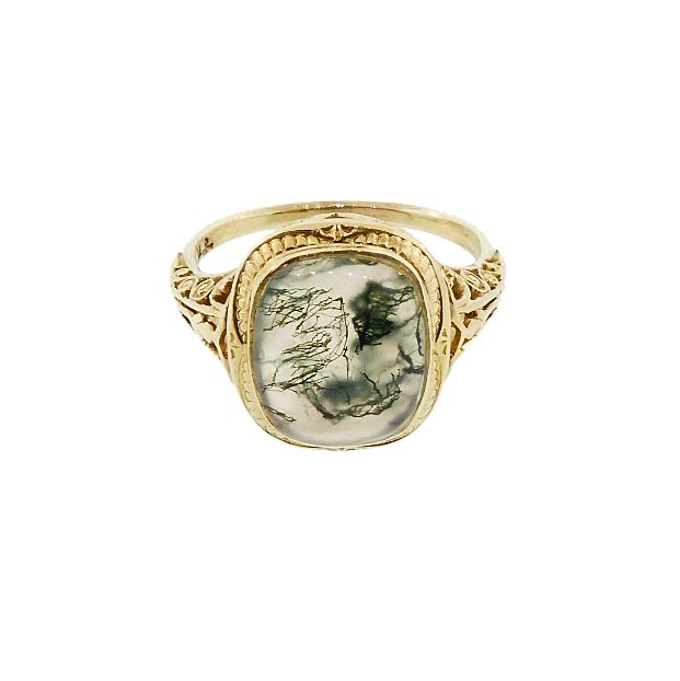 Edwardian 14K Gold Filigree & Moss Agate Ring by Larter